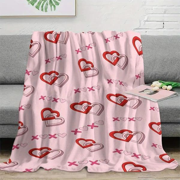 Pink Interlocking Heart Throw Blanket Soft Cozy Flannel Blanket Romantic Valentines Day Home Decor Gift for Couch Bed 260114