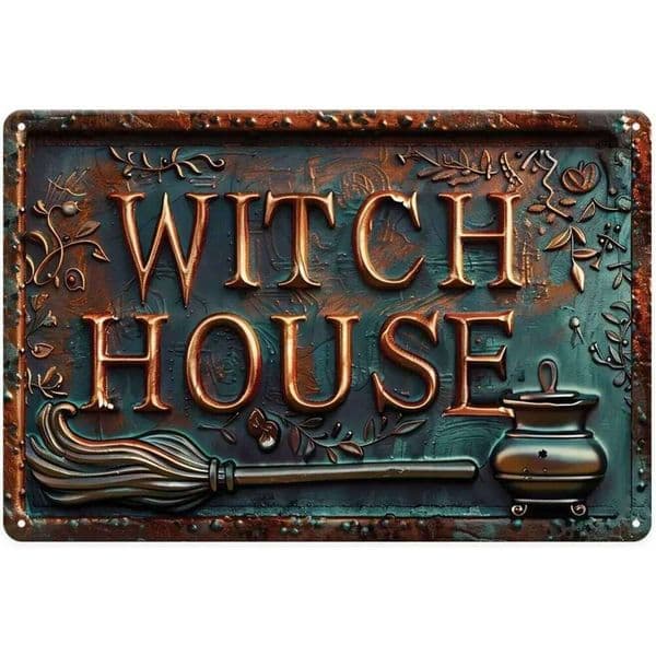 Witch House Broom Cauldron Tin Sign, Vintage Gothic Dark Academia Metal Sign Print Aesthetic Room Decoration for Home B 26W0115