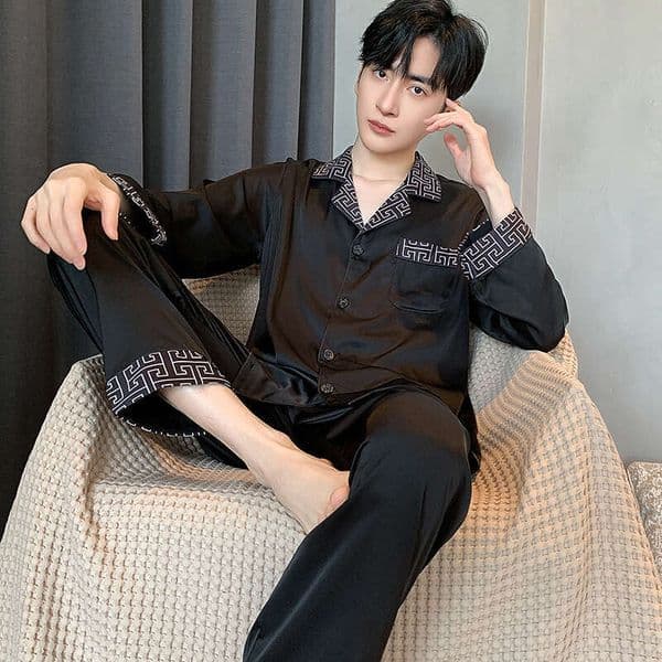 Ice Pajamas Spring and Autumn Thin Long Sleeve Casual Outerwear Home Clothes Mens Summer Silk Cool Feeling Set