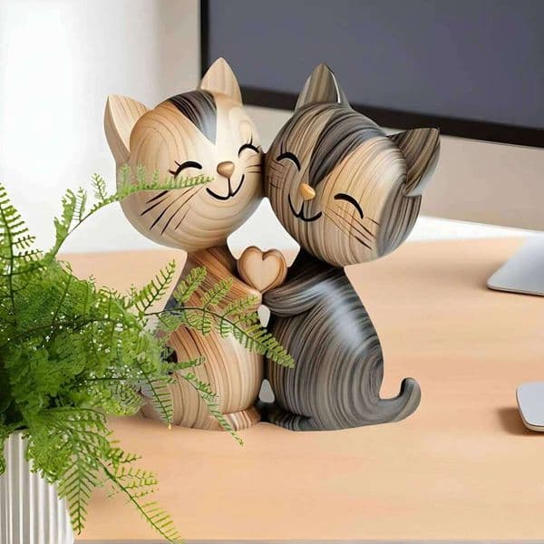 Valentine's Day 2D Flat Cat Wooden Dog Couple Sculpture Enthusiast Gift Light and Dark Wood Grain Desktop Entrance Desk Accessories 26Y0115