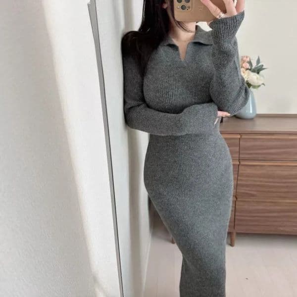 Fashionable Long Sleeve Polo Neck Knitted Dress Korean Style Early Spring Split High Waist Commute Dress Comfortable Casual 260114