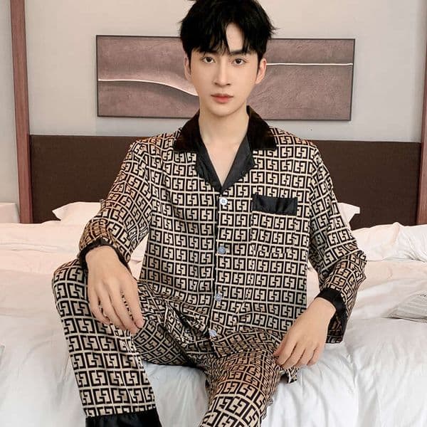 Men's Pajamas Summer Long Sleeve Ice Homewear Spring Autumn Thin Imitation Silk Satin Set