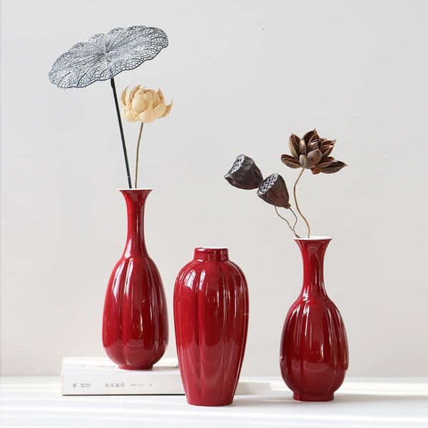 Red Ceramic Vase High-end Festive New Year Wedding Decoration Living Room Ornament Hydroponic Dried Flower Arrangement Container