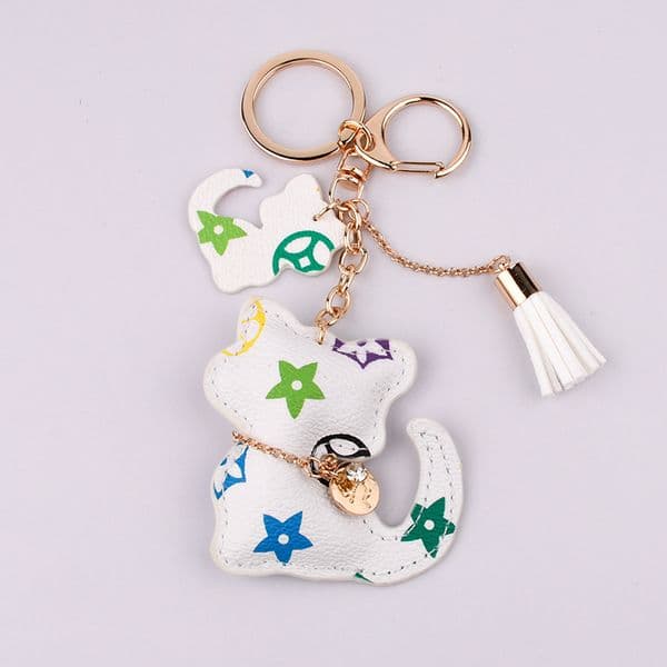 Luxury Design Keychains 2026 Cute Cat Shape Keychain PU Leather Colorful Pattern Rhinestone Tassel Bag Car Decor Free Shipping