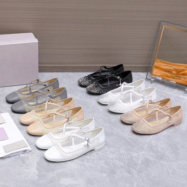 Luxury Mary Jane Ballet Flats With Crystals Designer Mesh Eleri Ballerina Shoes Womens Rhinestone Flat Pumps Breathable Leather Mules Dress Shoes 1036