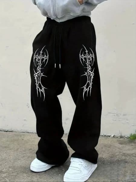 Mens Black Goth AxCross White Print Wide Leg Joggers Hip Hop Fashion Street Pants Oversized Casual Trends 2025 260109BANJIA