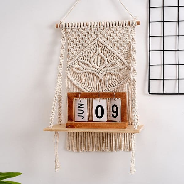 Modern Macrame Indoor Floating Wall Shelf Handwoven Boho Style with Wooden Dowel for Birthday & Wedding Decor