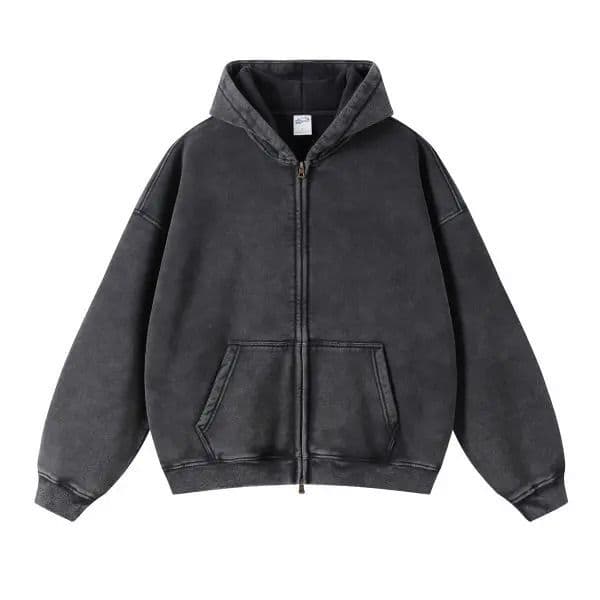 Spring Autumn Fahsion Mens Casual Trendy Loose Solid Color Waxed Hooded Hoodies American Zipper Washed Vintage Coat Male 260116BJ