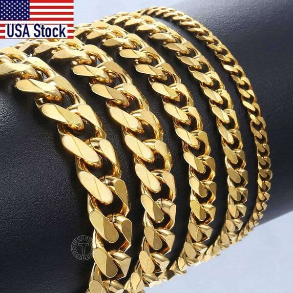 Valentine's Day 3-11MM Gold Color Stainless Steel Bracelets For Men Women Unisex Curb Cuban Link Chain Simple Wrist Jewelry Gifts 26W0116