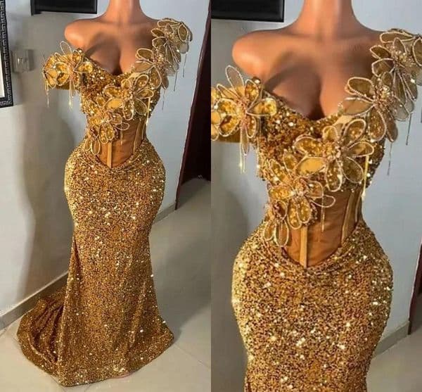 Sparkly Gold Sequined Evening Dresses Aso Ebi Beautiful Flowers Corset Bodice Special Occasion Gown Sweep Train Mermaid Women Second Reception Prom Dress