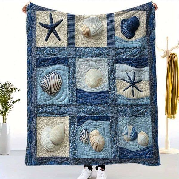 Valentine's Day Vintage Nautical Blanket - Starfish & Seashell Patchwork Throw, Soft Polyester Sofa/Bed, Coastal Decor Gift for Beac 26Y0116