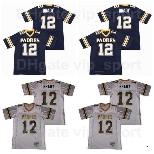 Men Junipero Serra Padres Football 12 Tom Brady High School Jersey Navy Blue Grey Team Color Away Ed Sport Breathable Good Quality
