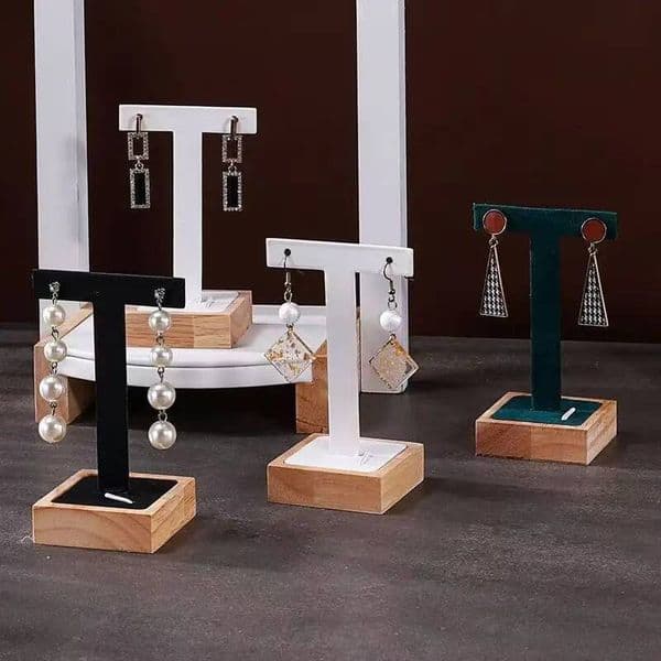 Fashion Wood T Shaped Earrings Display Rack PU Leather / Velvet Ear Stud Dangle Earring Storage Holder Counter Showcase Props ddmythur