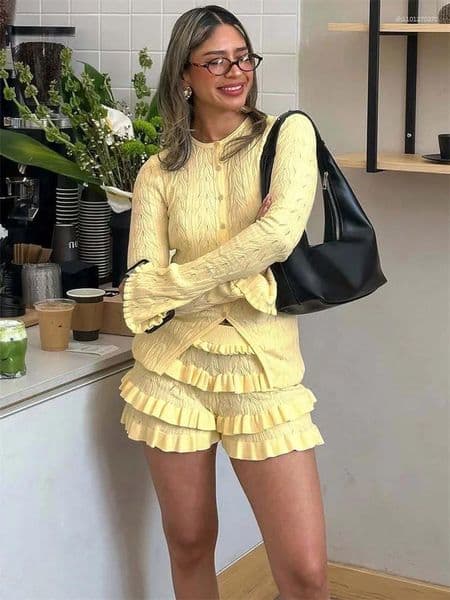 Women's Tracksuits Summer Knit Ruffled 2 Piece-Set Shorts Female Patchwork Slim Casual Long Sleeve Sweater Cardigan And Sets