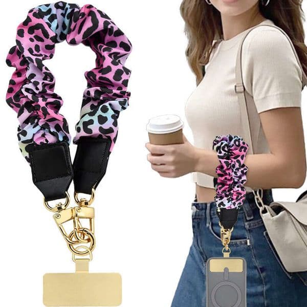 Pastel & Leopard Scrunchie Phone Lanyard - Adjustable Crossbody Strap for Women, Perfect for Casual & Stylish Looks