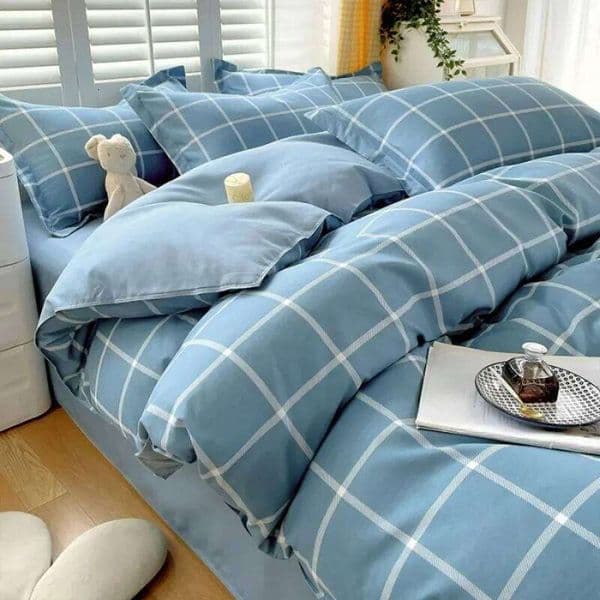 Plant Thickened Three Four Piece Bed Sheet Set Blue And White Large Grid 26Y0115