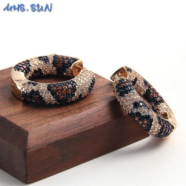 MHSSUN Fashion Gold Plated Leopard Print Hoop Earrings Metal Copper Multicolored Zircon Earrings For Women Girls Party Jewelry 260109