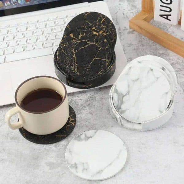 6pcsMarble Coaster Artificial 10cm Oil and Water Heat Resistant With Base Double Sided Leather Coffee Coasters 26Y0116 26Y0116