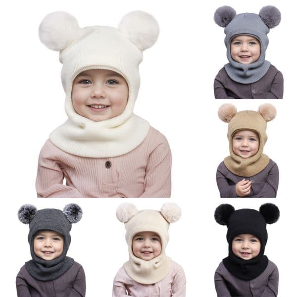 Toddler Warm Knitted Pullover Hat for Kids with Pompoms Thermal Ear Flaps Cute Winter Cap for Boys And Girls Children K2046