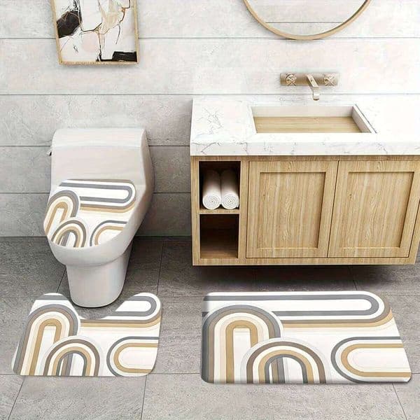 3pcs Modern Geometric Bath Mat Set - Non-Slip Flannel Rug Pad for Contemporary Bathroom Decor & Artistic Edge 26H0116