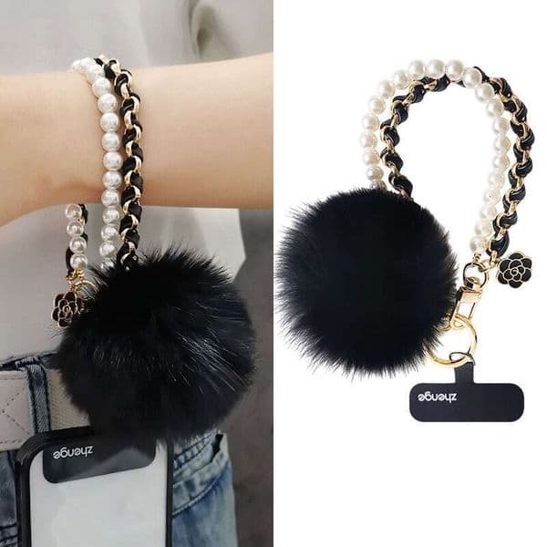 Chic Pearl Beaded Phone Wristlet - Fluffy Pom-Pom & Metal Chain Pendant for Phones, Bags & Car Key