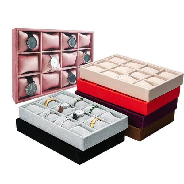 Velvet 12 Grid Stackable Jewelry Organizer with Adjustable Pillow,Watch Bracelet Bangle Necklace Display Tray for Store Counter ddmythur