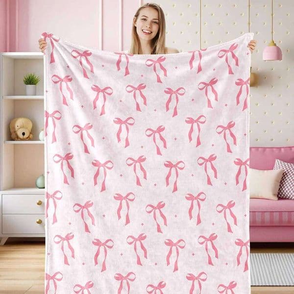 Valentine's Day Pink Bow Fuzzy Cute Bowknot Throw Bowtie Cozy Flannel Blanket for Valentine's Day Home Bed Sofa Couch Chair 26Y0116