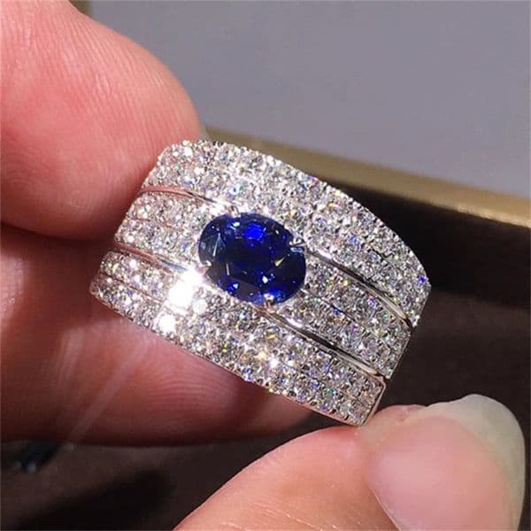 Oval 3 levels Engagement Ring 925 Sterling Silver plate Bridal Ring Sets Sapphire Blue Cubic Zirconia Wedding Eternity Band