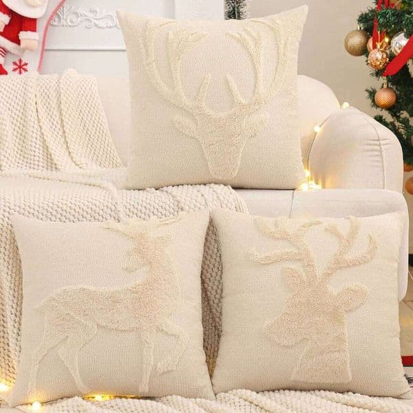 Quilting Throw Pillow Case Cover Christmas Decoration Faux Fur Reindeer Winter Plush Farmhouse Home Sofa Living Room 18*18 in 26W0117