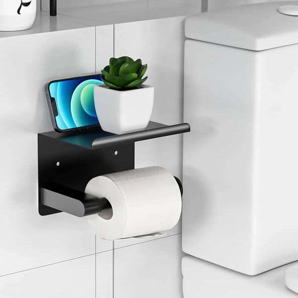 Matte Black Paper with Shelf Stainless Steel Toilet Tissue Holder Fits Mega Rolls Adhesive Bathroom Accessories 26Y0117