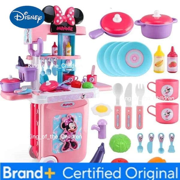 Disney 3 in1 Minnie mouse trolley case set light kitchen tableware Cooking toy kids Simulated Chef play house toys girl gift H260117