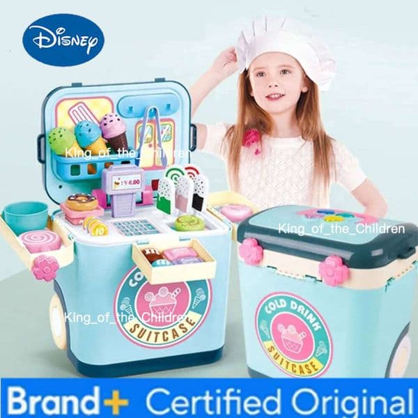 Disney Ice Cream Shop Pretend Suitcase Cart Toys Kid Dessert Doctor Play Set with Storage Trolley Table Gift for Boy Girl H260117