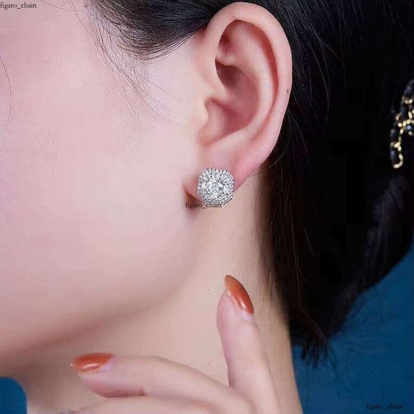 925 Sterling Silver Jewelry Wholesale Silicon Stone VVS Moissanite Square Halo IGI Luxury Classic Gold Plated Stud Earrings