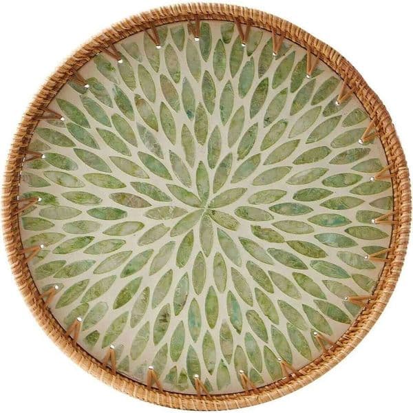 Round with Mother Pearl Inlay Rattan Serving Tray Wooden Base Storage and Display of Coffee Bread Food Fruit 26Y0117