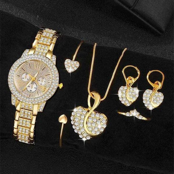 Women's Quartz Watch Gold Luxury Women Ring Necklace Earring Rhinestone Fashion Wristwatch Casual Ladies Watches Jewelry Set 26W0117