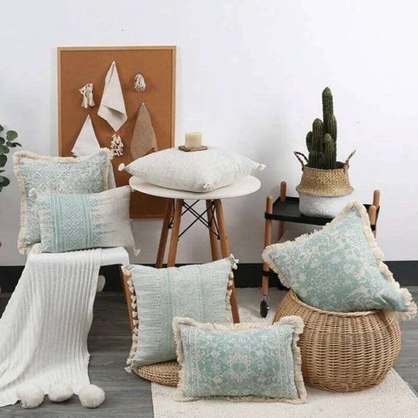 Printing Tufted Cushion with Tassles Sofa Bed Throw Pillow Cover 45x45cm Green Retro Home Decor Pillowcase Living Room 26H0117