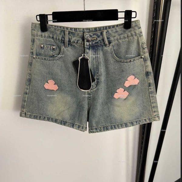 Fashion women pants high quality girls shorts designer clothes women pink embroidered washed denim shorts A499X10N000