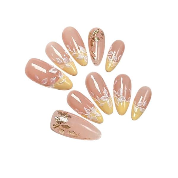elegant mediumlong almond shape flowers printed artificial nails for diy manicures