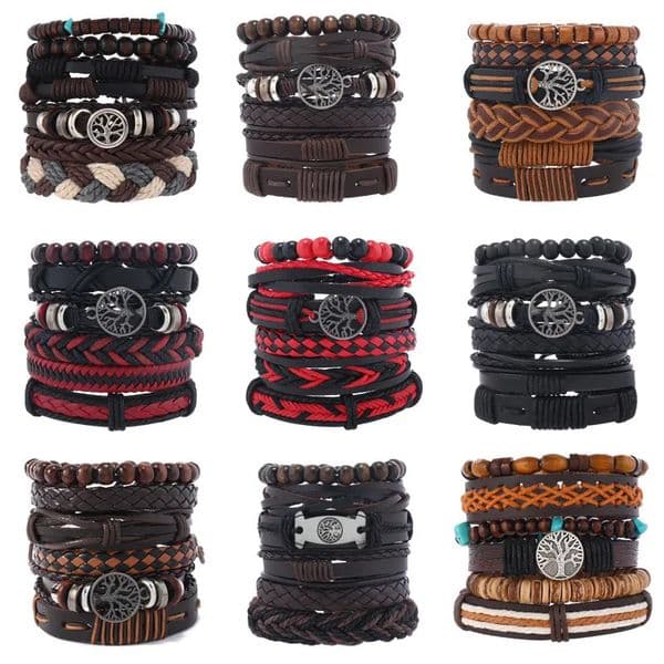 Punk Casual Bead6 Pcset Tree Black Khaki Handmade Men Bracelets Male Women Leather Bangle Wholesale Jewelry Gift 260112