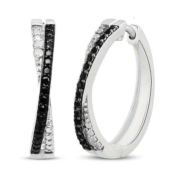 Classic Silvery Plated Round Black Synthetic Zirconia Hoop Earrings for Women Fashion Exquisite Wedding Jewelry Accessories Gift