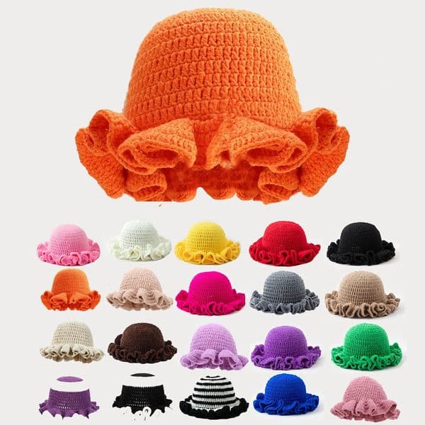 Solid Color Hand Knitted Knit Hat in Bohemian Style with Hollowed Out and Ruffled Bucket Shaped Hat Fishermans Hat 260113BJ