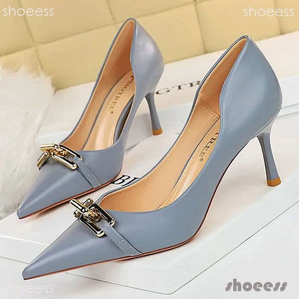 heels Elegant Pumps Metal Button Kitten Women Stiletto Banquet Shoes Pointed High Heels Large Size 43