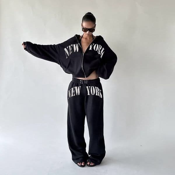 American Style Trendy Hip-Hop Vintage Print Sweatshirt and Set Waist-Cinching Hooded Jacket Elastic Waist Straight-Leg Pants Women's Clothing