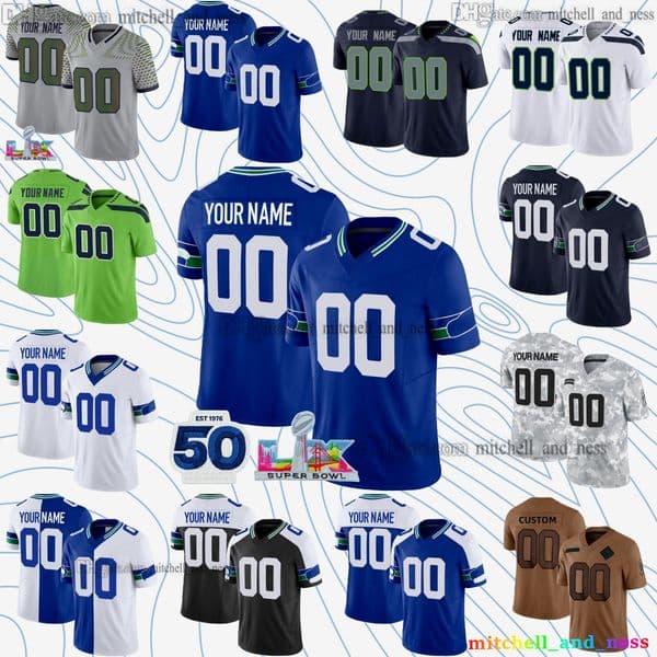 Custom S-6XL 2026 SuperBowl Football Jersey 12 th Fan 11 Jaxon Smith-Njigba 14 Sam Darnold 8 Coby Bryant 9 Kenneth Walker III 10 Cooper Kupp Julian Love Grey Zabel Jerseys