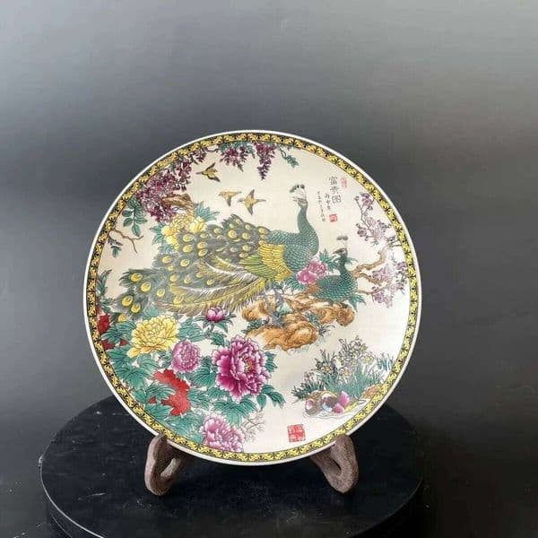 Pink Peacock Fortune Picture Ceramic Hanging Plate Home Decoration Ornament 26Y0119