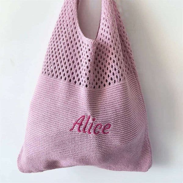 Solid Color Knitted Wool Tote Personalized Name Women's Shopping Bag Retro Hollowed Handbag Custom Embroidered Soft Handbags 26Y0119