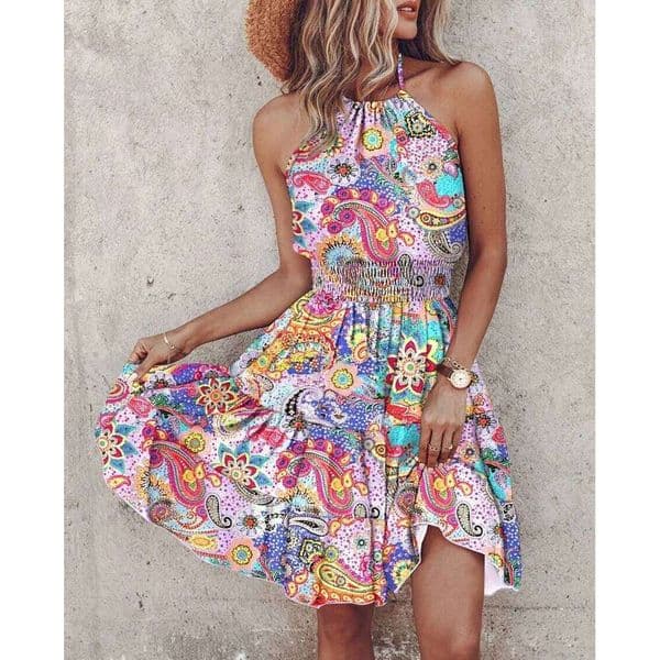 Elegant Floral Pleated H shaped Midi Female V Neck Puff Sleeve Waist Ruched Button Dresses Women Summer Dress