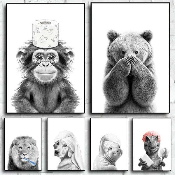 Canvas Cat Giraffe Dog Elephant Toilet Paper Bathtub Funny Bathroom Poster Wall Art Shower Room Home Decoration 26Y0119