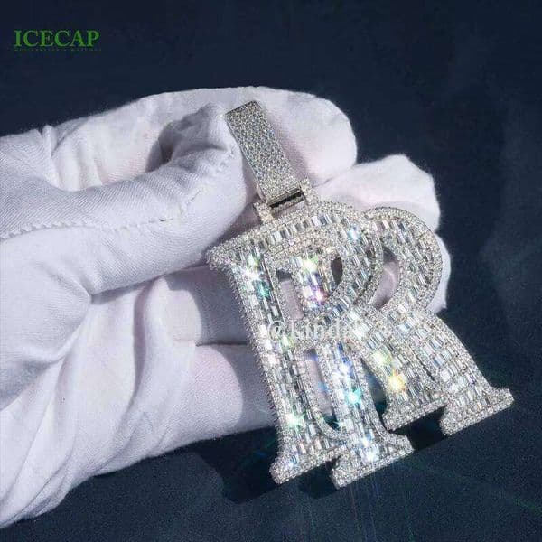 Premium Initial Custom Hip-Hop Letter Iced 14K VVS Silicon Stone Moissanite 925 Silver Pendant Jewelry Set
