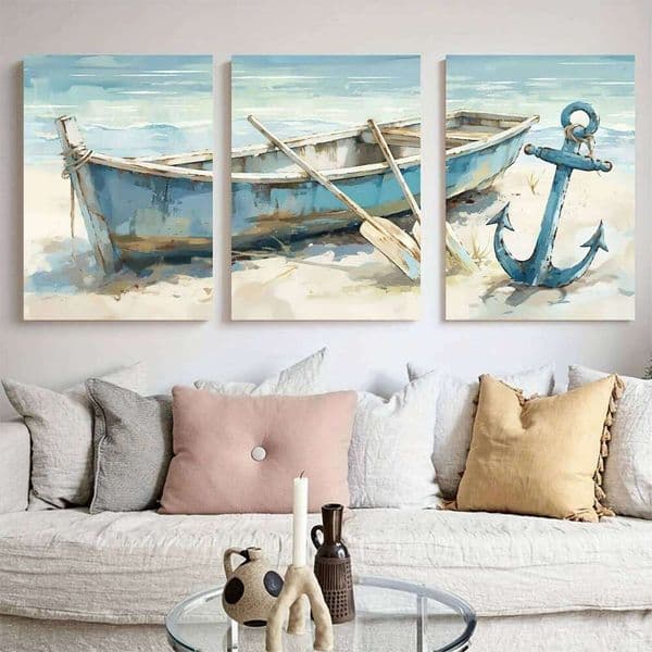 3pcs Frameless Canvas Wall Prints - Contemporary Navy Beach Scene with Anchor & Boat, Modern Art Deco Style, Ideal for Livin 26Y0119
